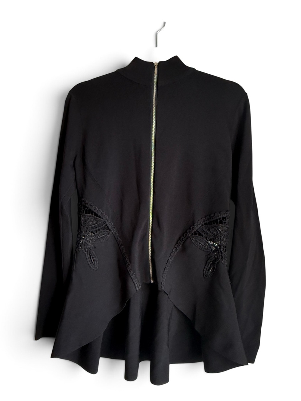 Jonathan Simkhai Black Lace Cutout Zip-Front Peplum Knit Top - Size L - Picture 2 of 9